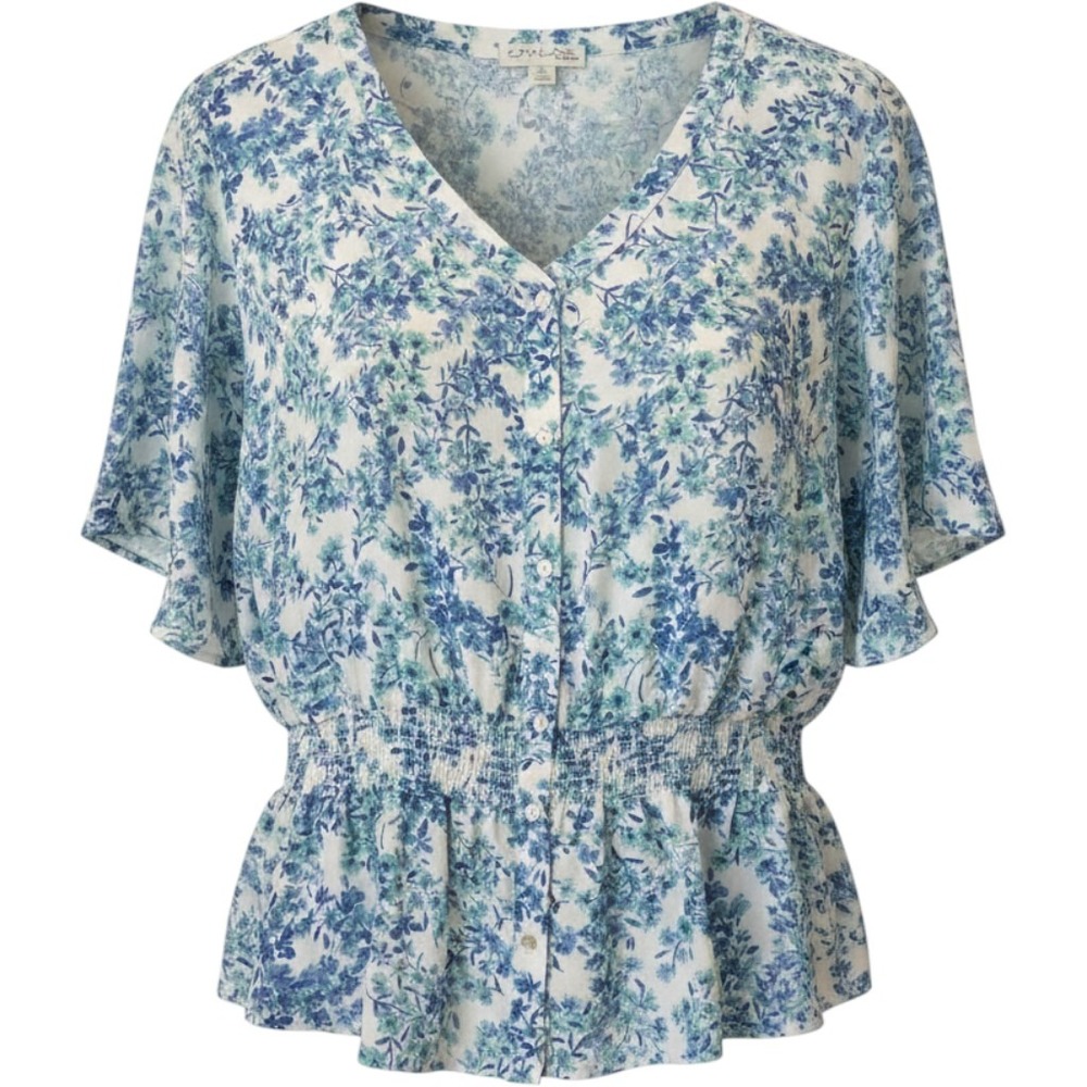 Emaline Woman Blue Floral Smocked Waist Peplum Blouse V-Neck Top, cottagecore